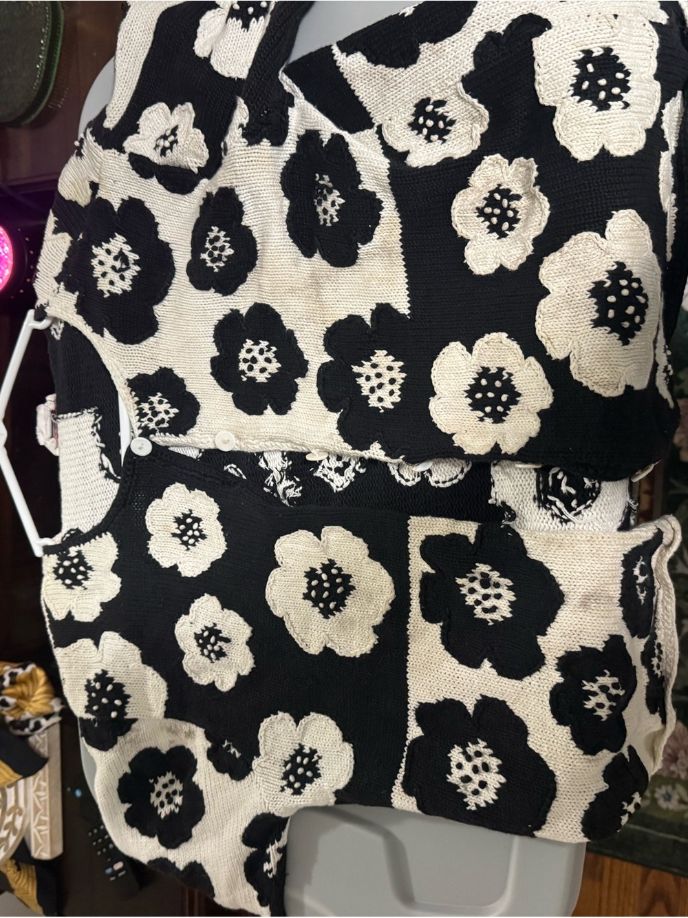 VTG Talbots Black and Cream Floral Knit Cardigan